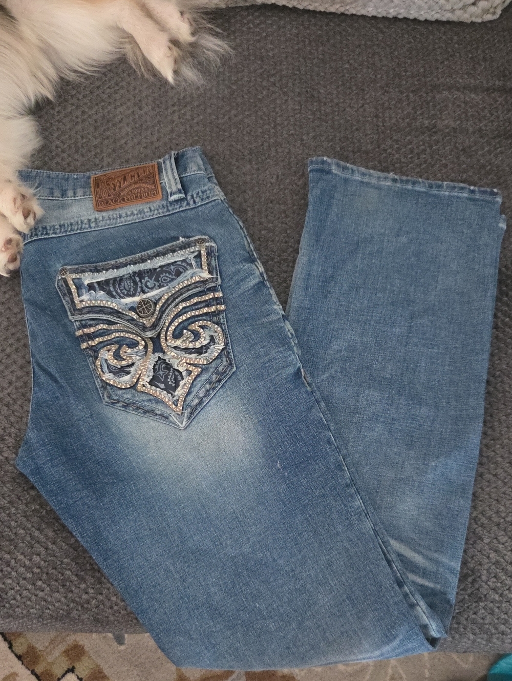 Mens Affliction Blue Bootcut Jeans with Embellished Back Pocket